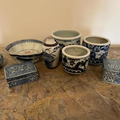 Vintage and antique Chinese blue and white potteryâ€”wine jars, vases, pots, ginger jars, cachepots, boxes