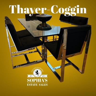 Milo Baughman for Thayer-Coggin—chrome and glass dining table with 6 matching chairs covered in black velvet, MCM