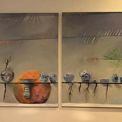 "Blue and White Sill Life" by Norman Baugher, a pair of canvases in the magical realism style depicting Chinese blue and white...