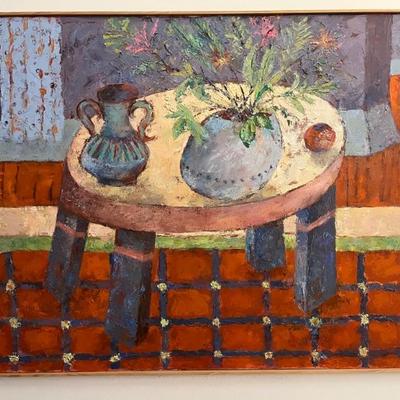 Still Life on blue and yellow table by Norman Baugher, in the style of Matisse, 31"H x 41"W