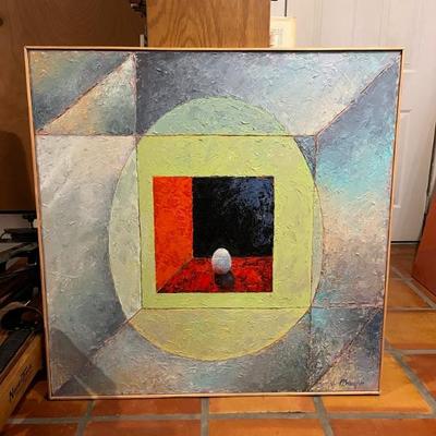 Infinity scape with Egg by Norman Baugher, surrealist and cubist, 39"H x 37"W
