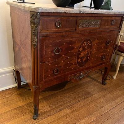19th century inlaid chest with bronze mounts and a marble top