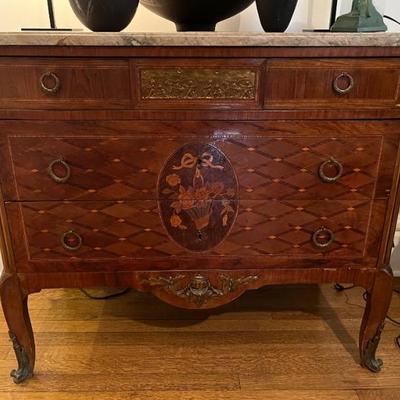 19th century inlaid chest with bronze mounts and a marble top