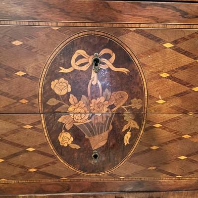 19th century inlaid chest with bronze mounts and a marble top
