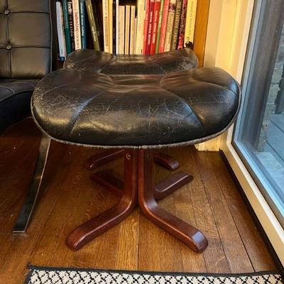 pair of teak and leather mid century modern stools, Danish