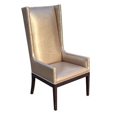 HIGHBACK CHAIR | Highback gold upholstered chair with tack accents and dark wood legs - l. 27 x w. 26 x h. 29 in. (overall) 