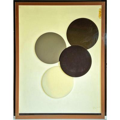 ACRYLIC CIRCLE ABSTRACT | Abstract artwork featuring four multicolored acrylic overlapping circles, in bordered translucent frame;...