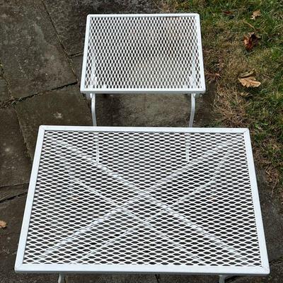 (2pc) PATIO SIDE TABLES | Two similar white side tables for outdoor patio suite - l. 26 x w. 18 x h. 17 in. (larger table) 