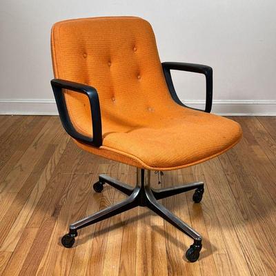 POLLOCK STYLE OFFICE CHAIR | Orange Charles Pollock style office chair; fabric upholstered seat, padded plastic armrests, four chrome...
