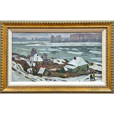 VIKTOR ZEVAKIN (Russian, 20th Century) |
Siberian riverscape
Oil on canvas
Titled and signed on verso
Snowy riverside town scene with...