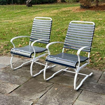 (2pc) PAIR STRAP PATIO CHAIRS | Cantilever outdoor lounge / armchairs with white frame and navy blue straps - l. 30 x w. 23 x h. 40 in. 