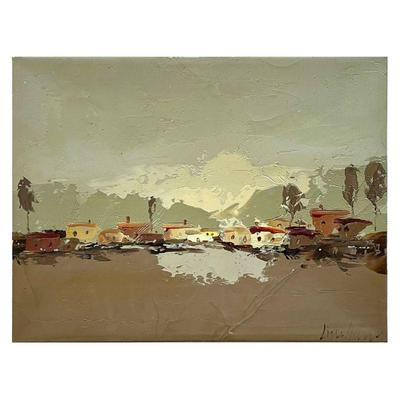 VILLAGESCAPE OIL PAINTING | Abstract town scene
Oil on canvas
Signed lower right
Palette painted scene with figures
w. 16 x h. 12 in. 