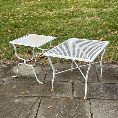 (2pc) PATIO SIDE TABLES | Two similar white side tables for outdoor patio suite - l. 26 x w. 18 x h. 17 in. (larger table) 