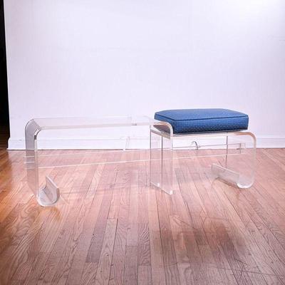 KAGAN STYLE LUCITE BENCH | Having a single seat with an upholstered cushion next to an extended low form table, in the manner of Vladimir...