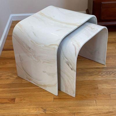 (2pc) PAIR LAMINATE MARBLE STYLE SIDE TABLES | Two nesting side tables with faux marble finish - l. 24 x w. 17.25 x h. 18.75 in. (larger) 