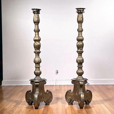 (2pc) FLOOR CANDLE HOLDERS | Tall wood column candle holders, with distressed gold paint finish topped by metal candle tray over tripod...