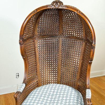 VINTAGE CANOPY CHAIR | French country Louis XV-style double cane canopy chair with carved frame, patterned upholstery and matching...