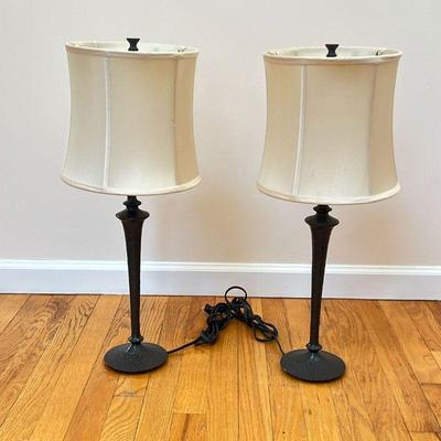 (2pc) PAIR HAMMERED METAL LAMPS | Table lamps in the manner of Giacometti - h. 25 x dia. 9.5 in. 