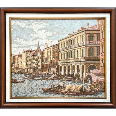 NEEDLEPOINT OF VENICE | Needlepoint embroidered Venetian canal scene - w. 18.5 x h. 16.5 in. (frame) 