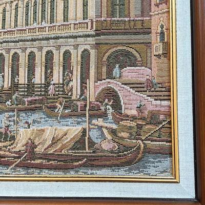 NEEDLEPOINT OF VENICE | Needlepoint embroidered Venetian canal scene - w. 18.5 x h. 16.5 in. (frame) 