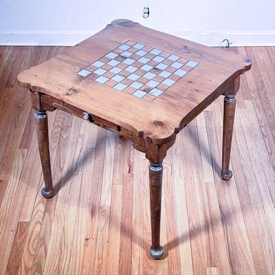 VINTAGE GAME TABLE | Square wood table with scalloped edge top and carved chess board over a single storage drawer and four turned legs -...