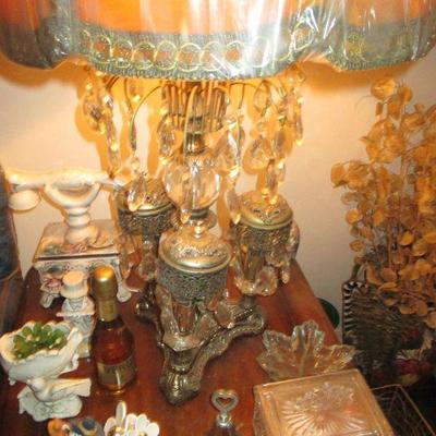 Hollywood Regency Gold Tone & Crystal Prism Lamps Vintage 