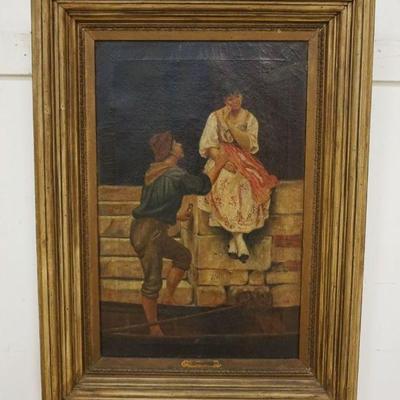 1023	J WILLETT ANTIQUE OIL PAINTING ON CANVAS *A VENETIAN COURTSHIP*, DAMAGE TO CANVAS, APPROXIMATELY 27 IN X 37 IN OVERALL
