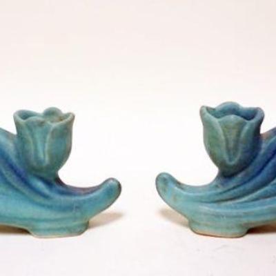 1182	VAN BRIGGLE ART POTTERY PAIR OF CANDLESTICKS, APPROXIMATELY 6 IN X 5 IN H
