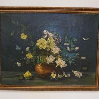 1024	ANTIQUE OIL PAINTING ON CANVAS OF STILL LIFE, APPROXIMATELY 54 IN X 42 IN OVERALL
