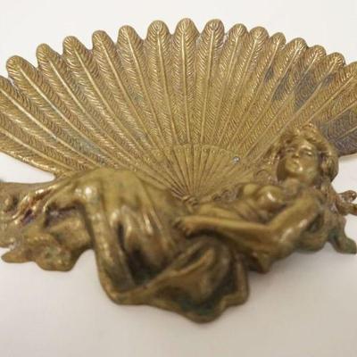 1012	VICTORIAN BRASS TRAY FOR CALLING CARDS, WOMAN ON LARGE OPEN FAN, APPROXIMATELY 5 IN X 6 1/2 IN
