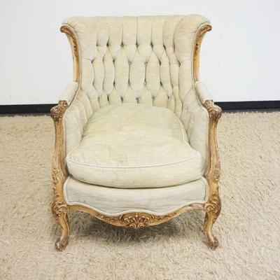 1159	FRENCH PROVINCIAL UPHOLSTERED ARMCHAIR W/TUFTED BACK, WEAR TO UPHOLSTERY
