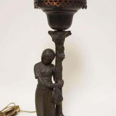1141	TABLE LAMP CAST METAL IMAGE OF WOMAN W/HER ARMS WRAPPED AROUND A TREE TRUCK CLUTCHING A BAG W/AMBER MUSHROOM SHADE AT TOP,...