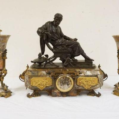 1137	MASSIVE ANTIQUE BRONZE CLOCK ON MARBLE BASE HAVING BRONZE NEOCLASSICAL MOUNT W/MARBLE URN TORCH GARNITURES, SCULPTURE SIGNED AUBERT,...