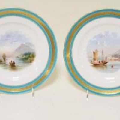 1058	LOT OF 4 HAND PAINTED DISHES W/BLUE & GILT DECORATED BORDER, SCENES OF BOATS ON SHORE, APPROXIMATELY 9 1/4 IN
