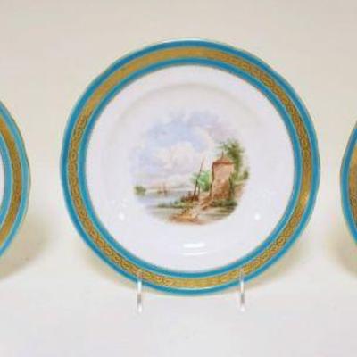 1059	LOT OF 3 HAND PAINTED DISHES W/BLUE & GILT DECORATED BORDER, SCENES OF CASTLES, APPROXIMATELY 9 1/4 IN
