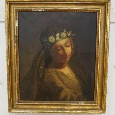 1026	ANTIQUE OIL PAINTING OF YOUNG WOMAN WEARING FLOWERS IN HER HAIR, APPROXIMATELY 22 IN X 25 IN OVERALL
