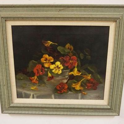 1027	ANTIQUE OIL PAINTING ON CANVAS OF STILL LIFE, SIGNED & DATED L.E.M. 1895, APPROXIMATELY 20 IN X 23 IN OVERALL
