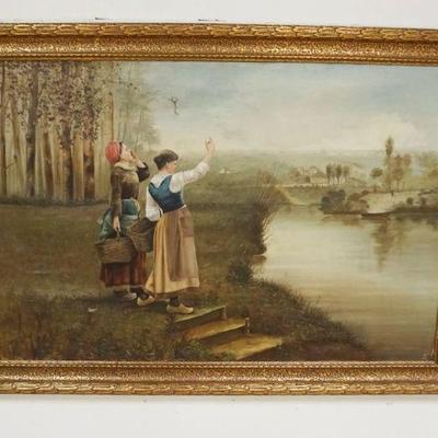 1021	ANITQUE OIL PAINTING ON CANVAS DEPICTING 2 DUTCH WOMEN AT WATERS EDGE WAVING TO FISHERMAN, DAMAGE TO CANVAS, APPROXIMATELY 44 IN X...
