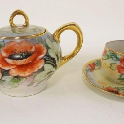1064	GERMAN HAND PAINTED TEAPOT W/CUP & SAUCER, TEAPOT APPROXIMATELY 5 1/2 IN HIGH
