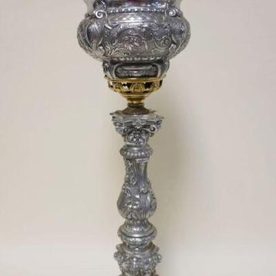 1122	ORNATE NICKLE & BRASS VICTORIAN PARLOR LAMP, BRADLEY & HUBBARD, ELECTRIFIED, APPROXIMATELY 27 IN HIGH
