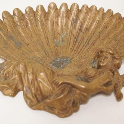 1013	VICTORIAN BRASS TRAY FOR CALLING CARDS, WOMAN ON LARGE OPEN FAN, APPROXIMATELY 5 IN X 6 1/2 IN
