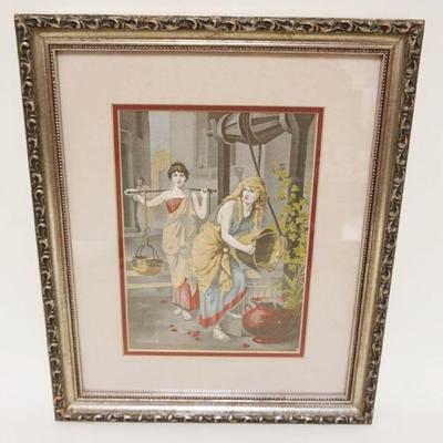 1004	ANTIQUE STEVENGRAPH FRAMED AND MATTED COLORED IMAGE OF WOMEN AT WELL, APPROXIMATELY 14 IN X 17 IN OVERALL
