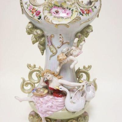 1103	LARGE VASE HAND PAINTED BESTON W/APPLIED CHERUBS & YOUNG LADY W/SWANS, APPROXIMATELY 16 IN HIGH
