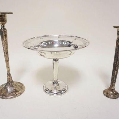 1075	STERLING WEIGHTED COMPOTE & CANDLESTICKS, COMPOTE APPROXIMATELY 6 1/2 IN X 6 IN HIGH
