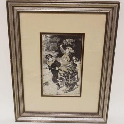 1006	ANTIQUE STEVENGRAPH *JOYOUS SPRING* FRAMED & MATTED IMAGE OF VICTORIAN CHILDREN BEING PULLED IN CART W/DOG RUNNING ALONG,...