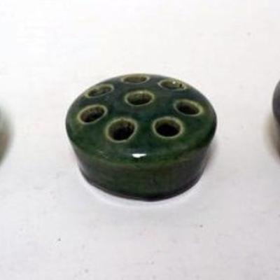 1178	ART POTTERY LOT OF 3 ASSORTED FLOWER FROGS, 1 MARKED WELLER, LARGEST APPROXIMATELY 3 1/2 IN X 1 1/2 IN H
