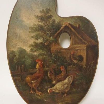 1100	ANTIQUE OIL PAINTING ON WOOD ARTIST PALLET BOARD OF CHICKENS & ROOSTERS SIGNED ON BACK A HOCHSTEIN 164 7TH STREET HOBOKEN, BOARD HAS...