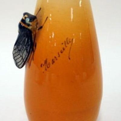 1180	ART POTTERY VASE MARKED MODELE DEPOSE ON BASE WITH A LOCUST ON SIDE, ARTIST SIGNED, APPROXIMATELY 5 1/4 IN H
