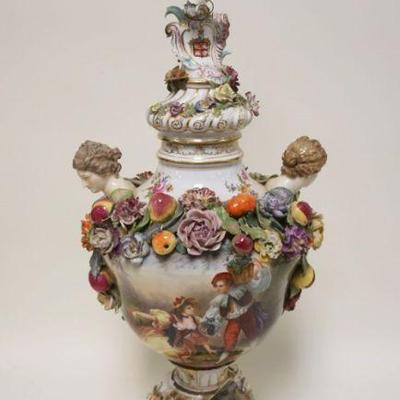 1217	LARGE HAND PAINTED PORCELAIN COVERED URN W/LOSSES INCLUDING SEVERE DAMAGE TO BASE, APPROXIMATELY 26 IN HIGH
