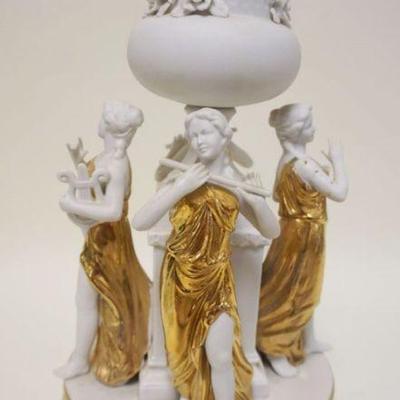 1139	PARIAN STATUE OF GREEK MUSES *GODDESSES OF SONG & DANCE* EACH FIGURE HAVING GOLD GILT DRESSES, APPROXIMATELY 14 IN HIGH
